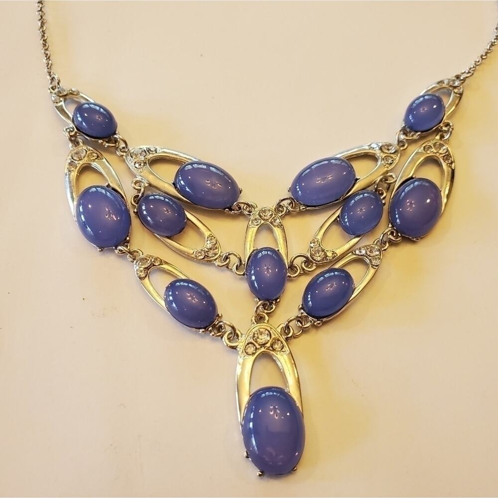 Treska boho Art Deco‎ silver tone Flapper Necklace w Blue Art Glass stone Beads